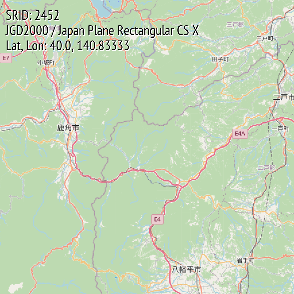 JGD2000 / Japan Plane Rectangular CS X (SRID: 2452, Lat, Lon: 40.0, 140.83333)