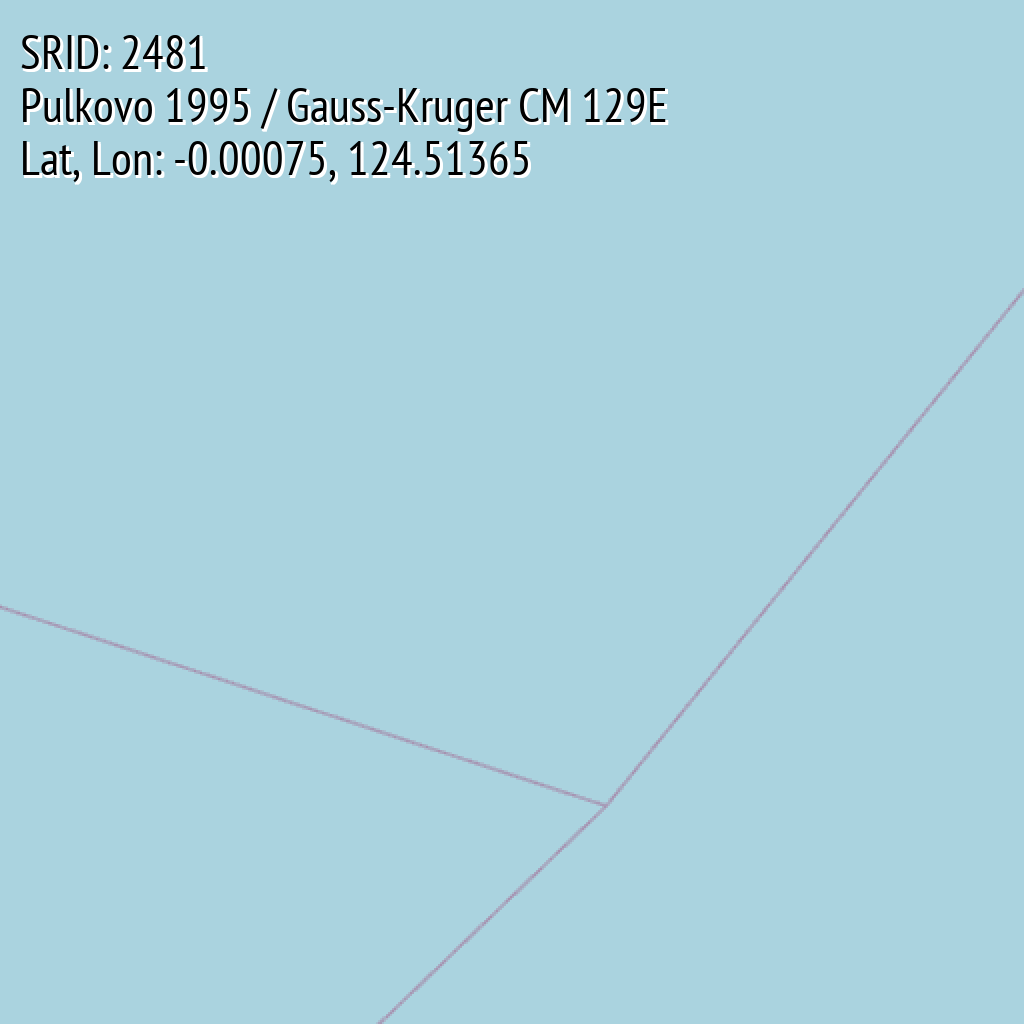 Pulkovo 1995 / Gauss-Kruger CM 129E (SRID: 2481, Lat, Lon: -0.00075, 124.51365)