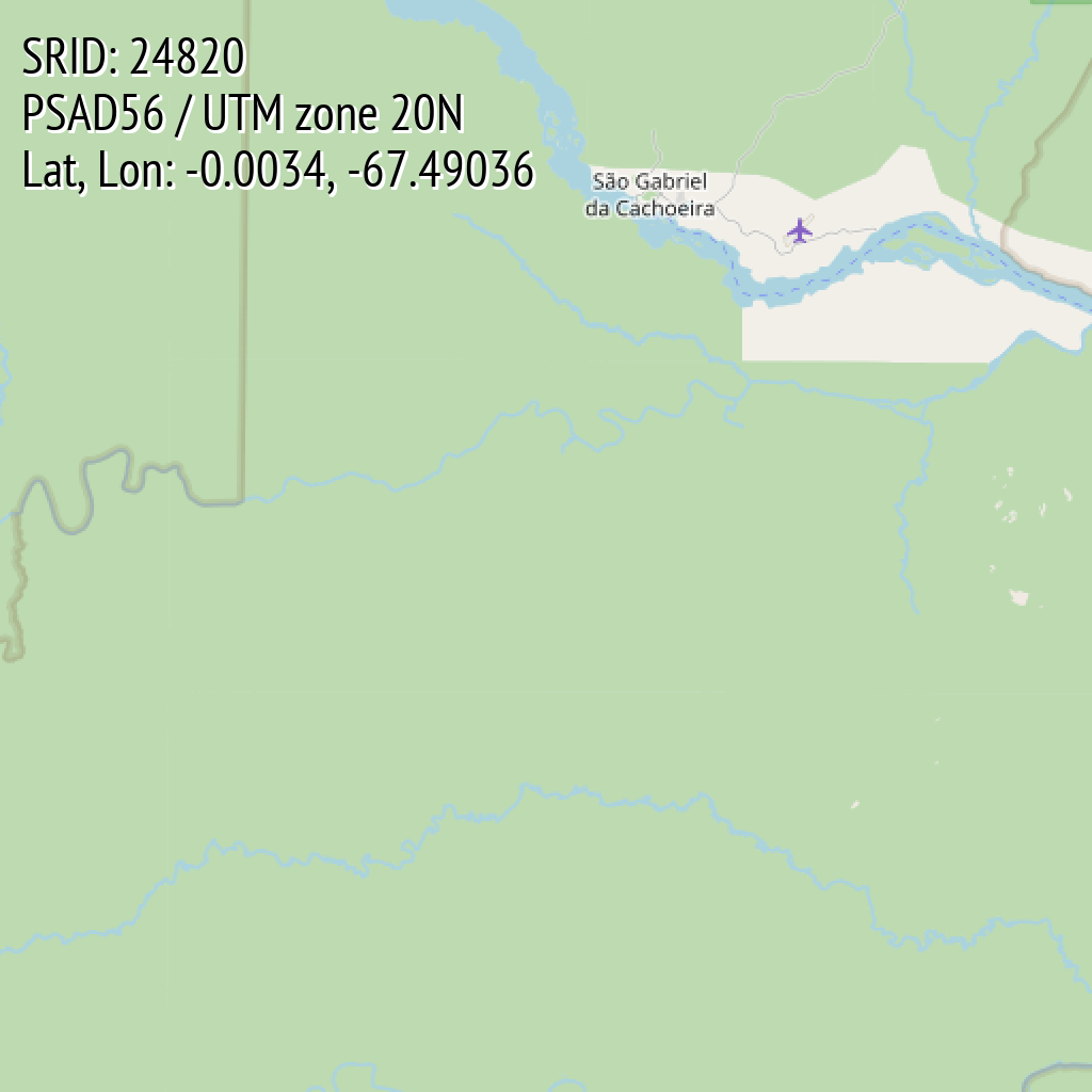 PSAD56 / UTM zone 20N (SRID: 24820, Lat, Lon: -0.0034, -67.49036)