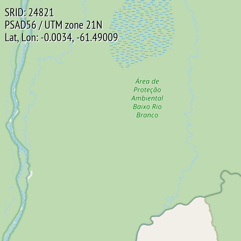 PSAD56 / UTM zone 21N (SRID: 24821, Lat, Lon: -0.0034, -61.49009)
