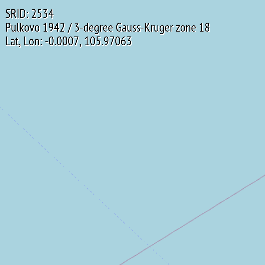 Pulkovo 1942 / 3-degree Gauss-Kruger zone 18 (SRID: 2534, Lat, Lon: -0.0007, 105.97063)