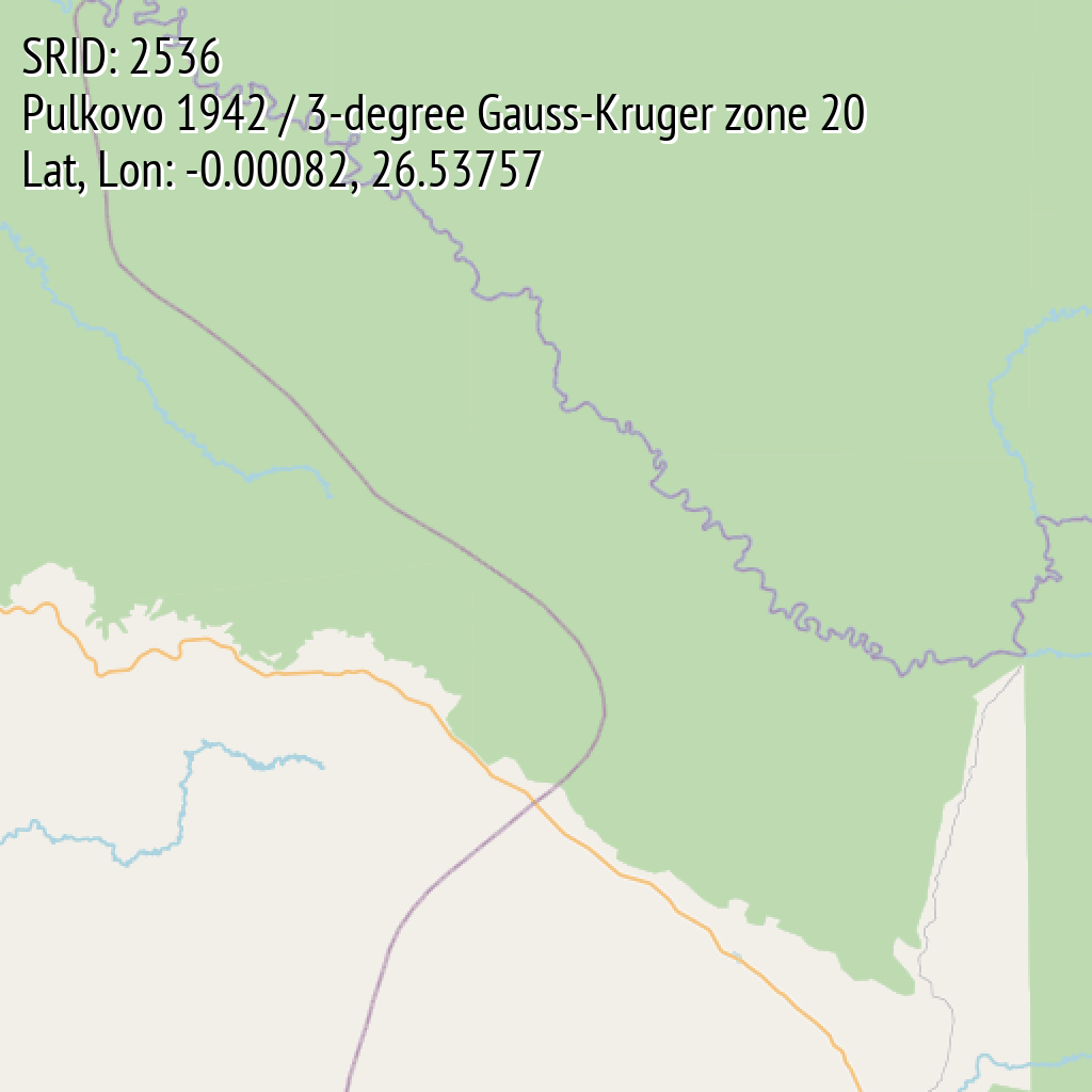 Pulkovo 1942 / 3-degree Gauss-Kruger zone 20 (SRID: 2536, Lat, Lon: -0.00082, 26.53757)