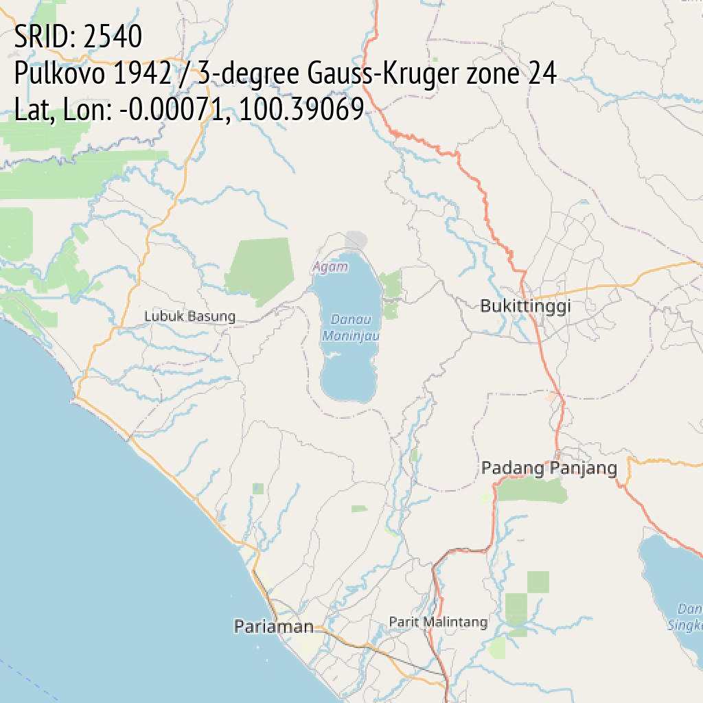 Pulkovo 1942 / 3-degree Gauss-Kruger zone 24 (SRID: 2540, Lat, Lon: -0.00071, 100.39069)