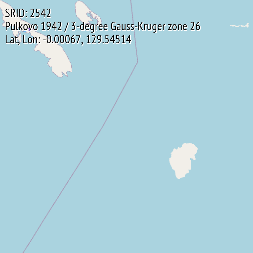 Pulkovo 1942 / 3-degree Gauss-Kruger zone 26 (SRID: 2542, Lat, Lon: -0.00067, 129.54514)