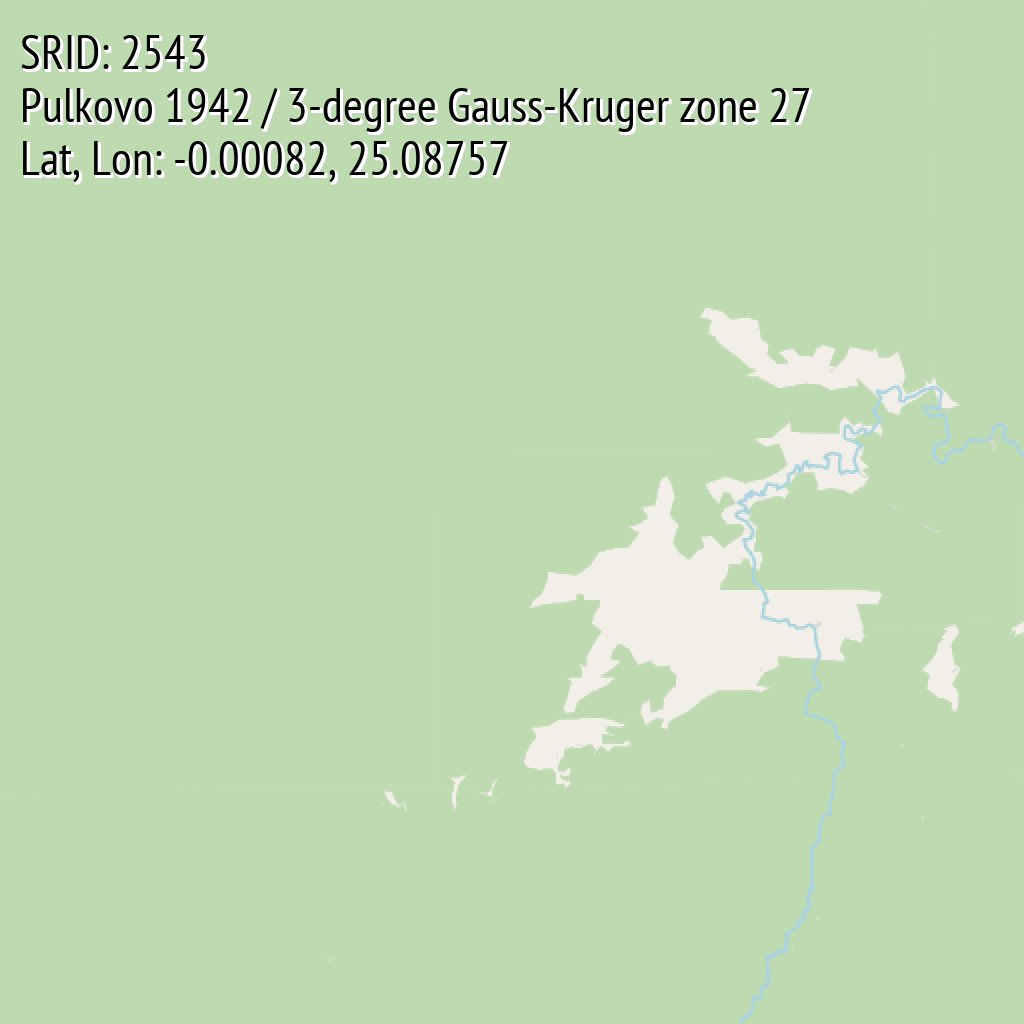 Pulkovo 1942 / 3-degree Gauss-Kruger zone 27 (SRID: 2543, Lat, Lon: -0.00082, 25.08757)