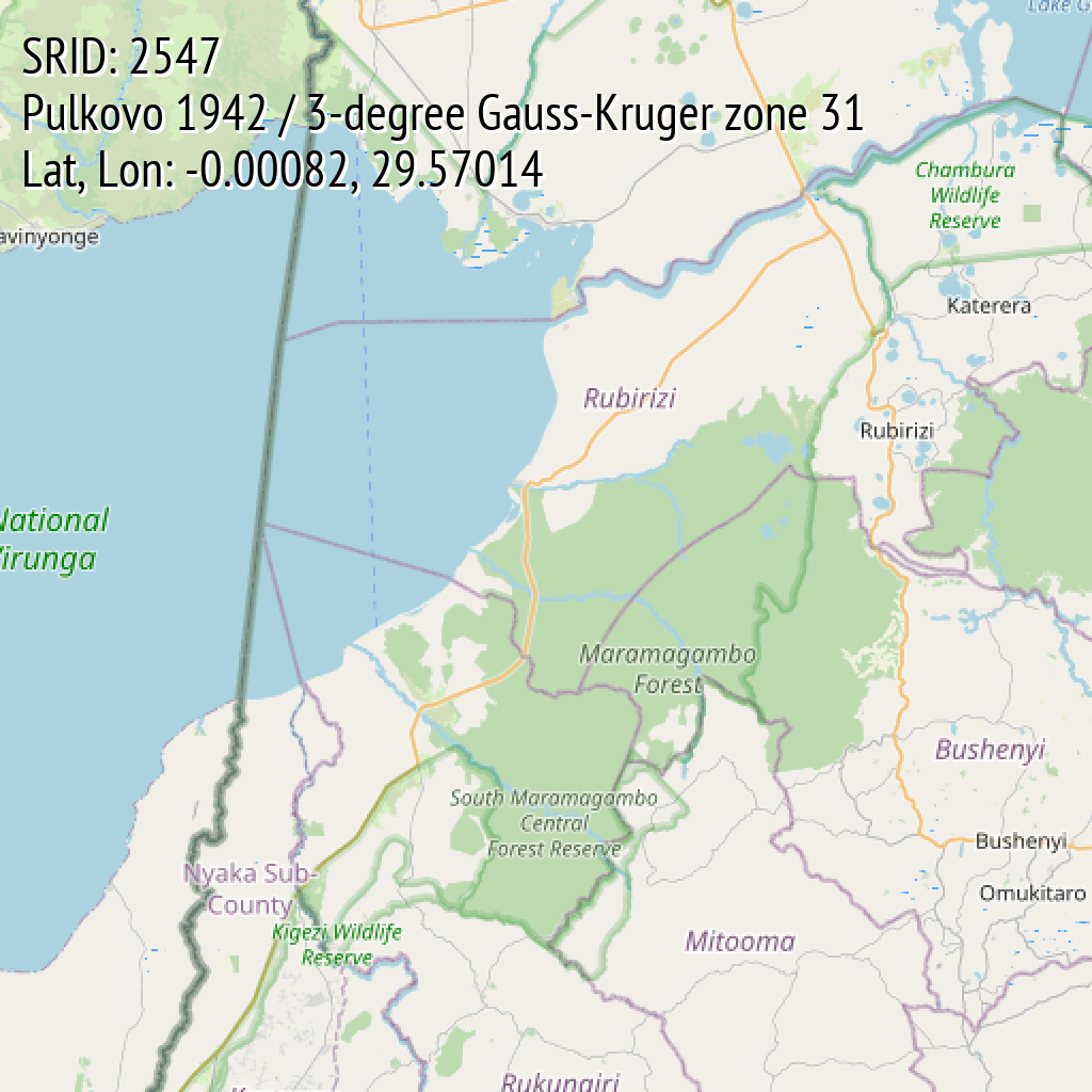 Pulkovo 1942 / 3-degree Gauss-Kruger zone 31 (SRID: 2547, Lat, Lon: -0.00082, 29.57014)