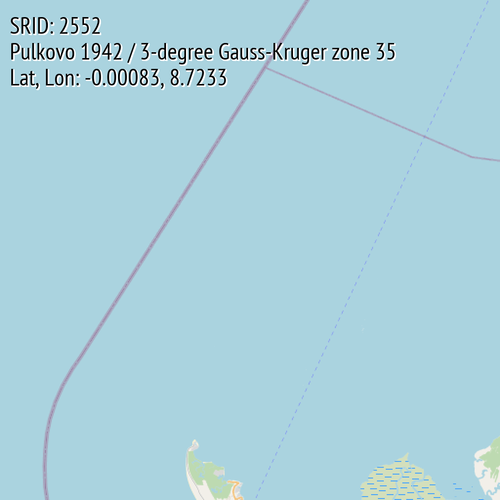 Pulkovo 1942 / 3-degree Gauss-Kruger zone 35 (SRID: 2552, Lat, Lon: -0.00083, 8.7233)