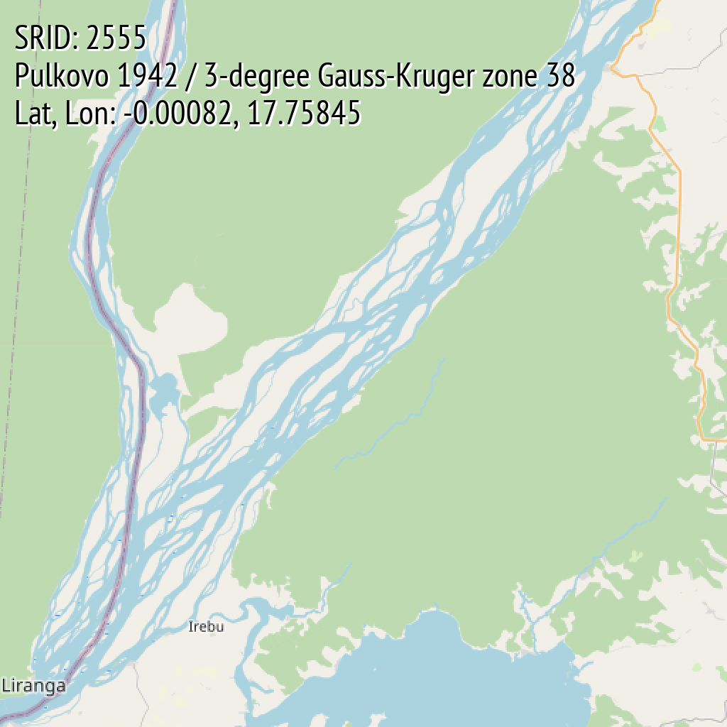 Pulkovo 1942 / 3-degree Gauss-Kruger zone 38 (SRID: 2555, Lat, Lon: -0.00082, 17.75845)
