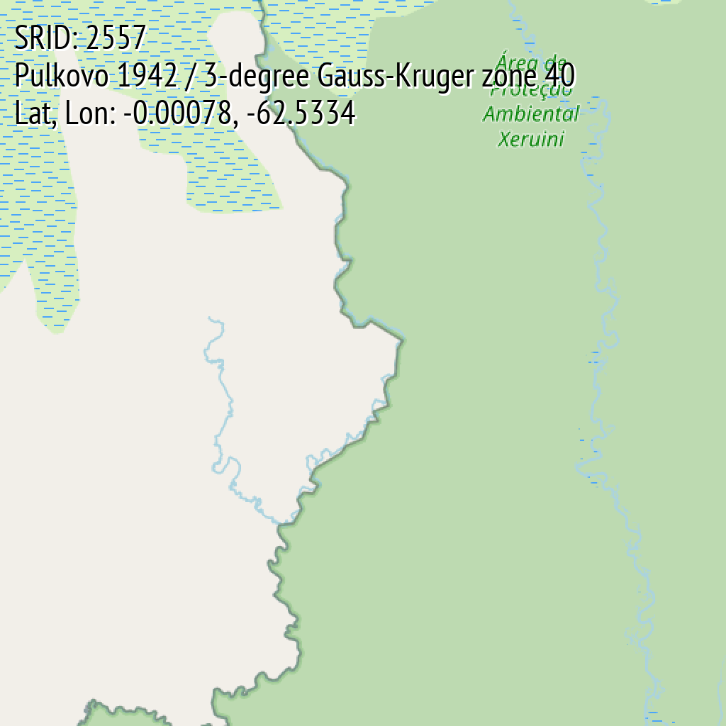 Pulkovo 1942 / 3-degree Gauss-Kruger zone 40 (SRID: 2557, Lat, Lon: -0.00078, -62.5334)