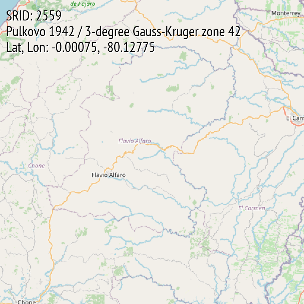 Pulkovo 1942 / 3-degree Gauss-Kruger zone 42 (SRID: 2559, Lat, Lon: -0.00075, -80.12775)