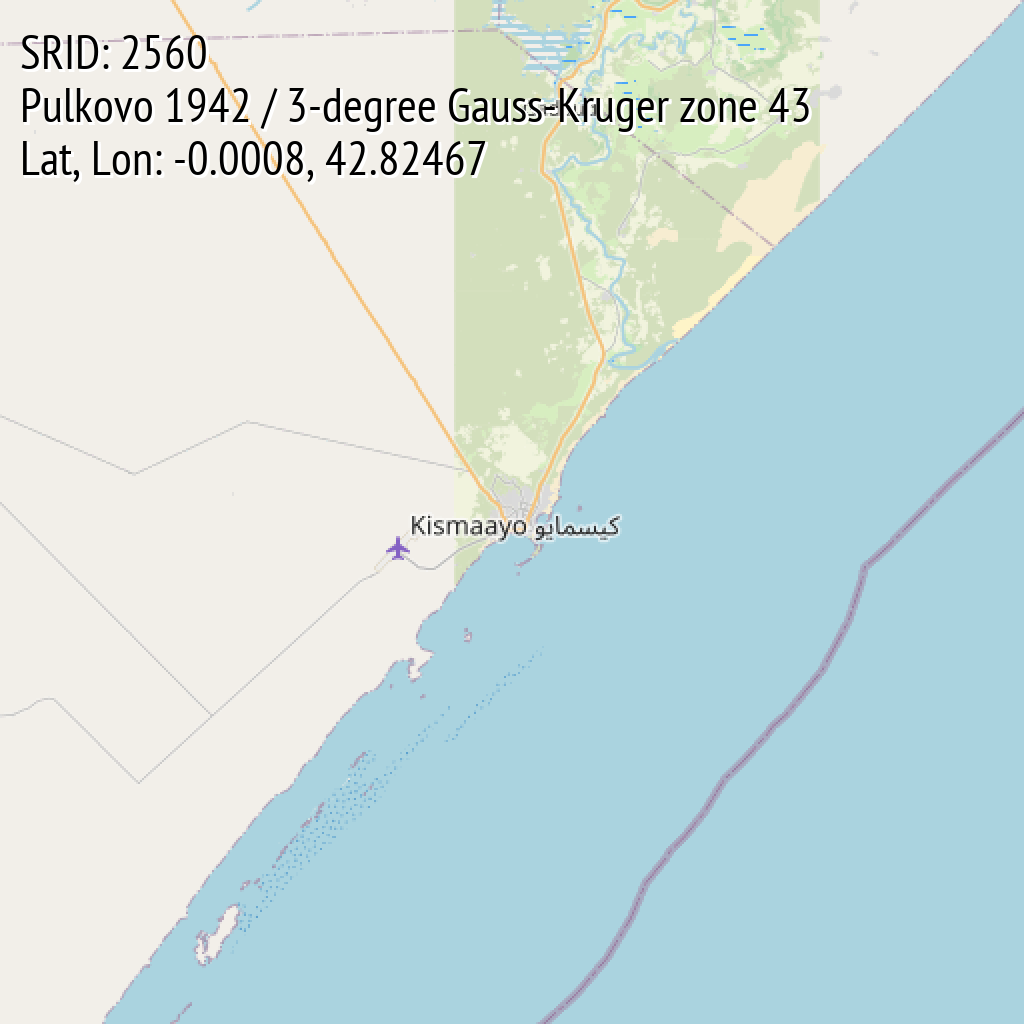 Pulkovo 1942 / 3-degree Gauss-Kruger zone 43 (SRID: 2560, Lat, Lon: -0.0008, 42.82467)