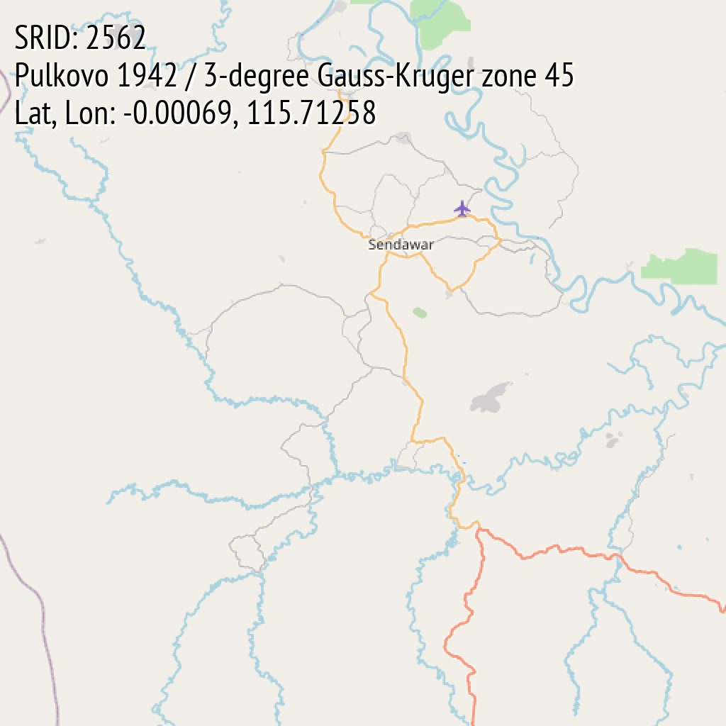 Pulkovo 1942 / 3-degree Gauss-Kruger zone 45 (SRID: 2562, Lat, Lon: -0.00069, 115.71258)