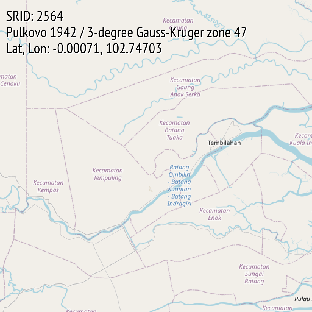 Pulkovo 1942 / 3-degree Gauss-Kruger zone 47 (SRID: 2564, Lat, Lon: -0.00071, 102.74703)