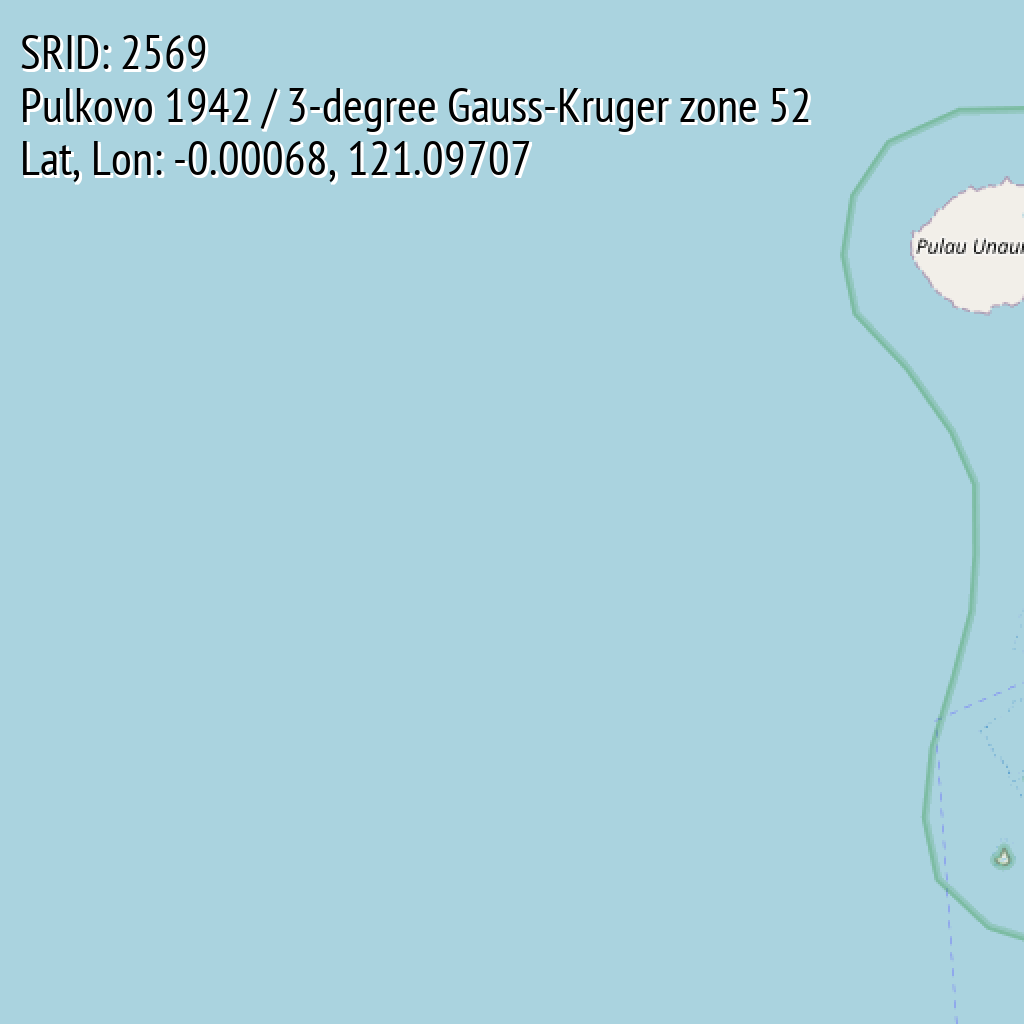 Pulkovo 1942 / 3-degree Gauss-Kruger zone 52 (SRID: 2569, Lat, Lon: -0.00068, 121.09707)