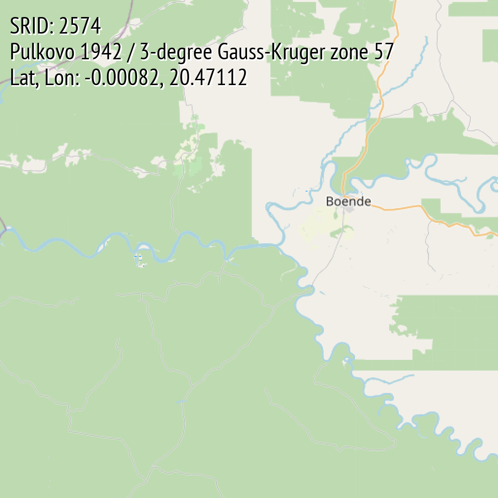 Pulkovo 1942 / 3-degree Gauss-Kruger zone 57 (SRID: 2574, Lat, Lon: -0.00082, 20.47112)