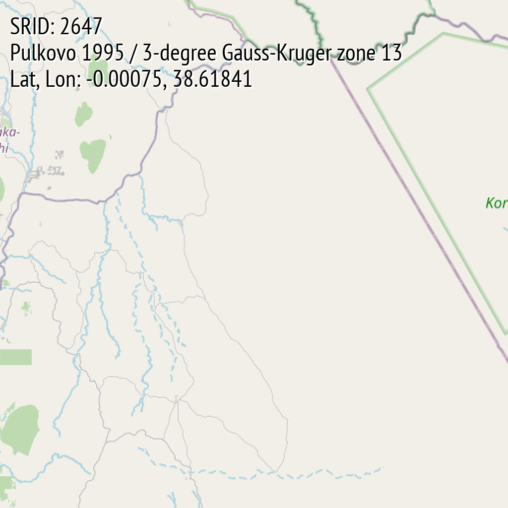 Pulkovo 1995 / 3-degree Gauss-Kruger zone 13 (SRID: 2647, Lat, Lon: -0.00075, 38.61841)