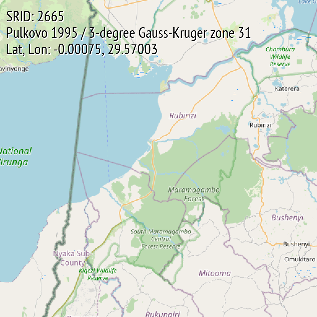 Pulkovo 1995 / 3-degree Gauss-Kruger zone 31 (SRID: 2665, Lat, Lon: -0.00075, 29.57003)