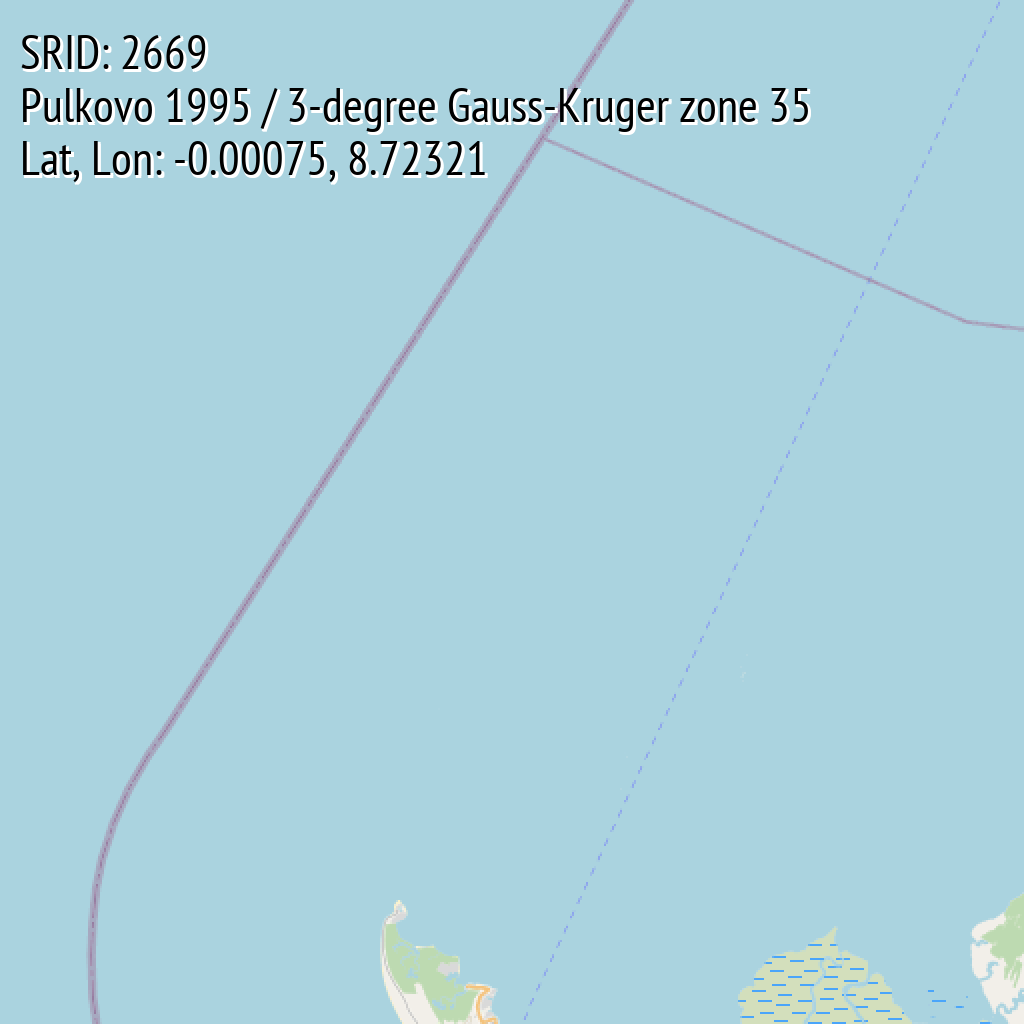 Pulkovo 1995 / 3-degree Gauss-Kruger zone 35 (SRID: 2669, Lat, Lon: -0.00075, 8.72321)