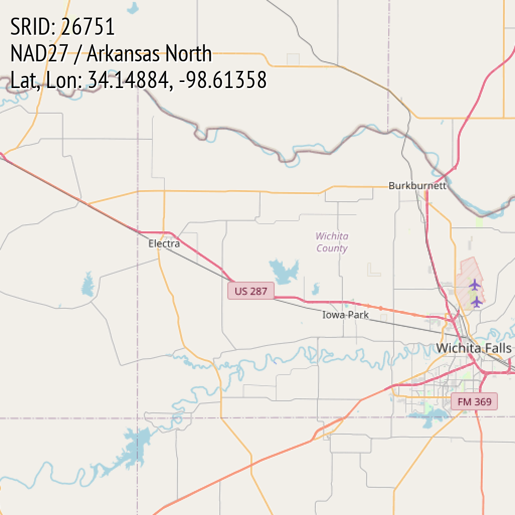 NAD27 / Arkansas North (SRID: 26751, Lat, Lon: 34.14884, -98.61358)