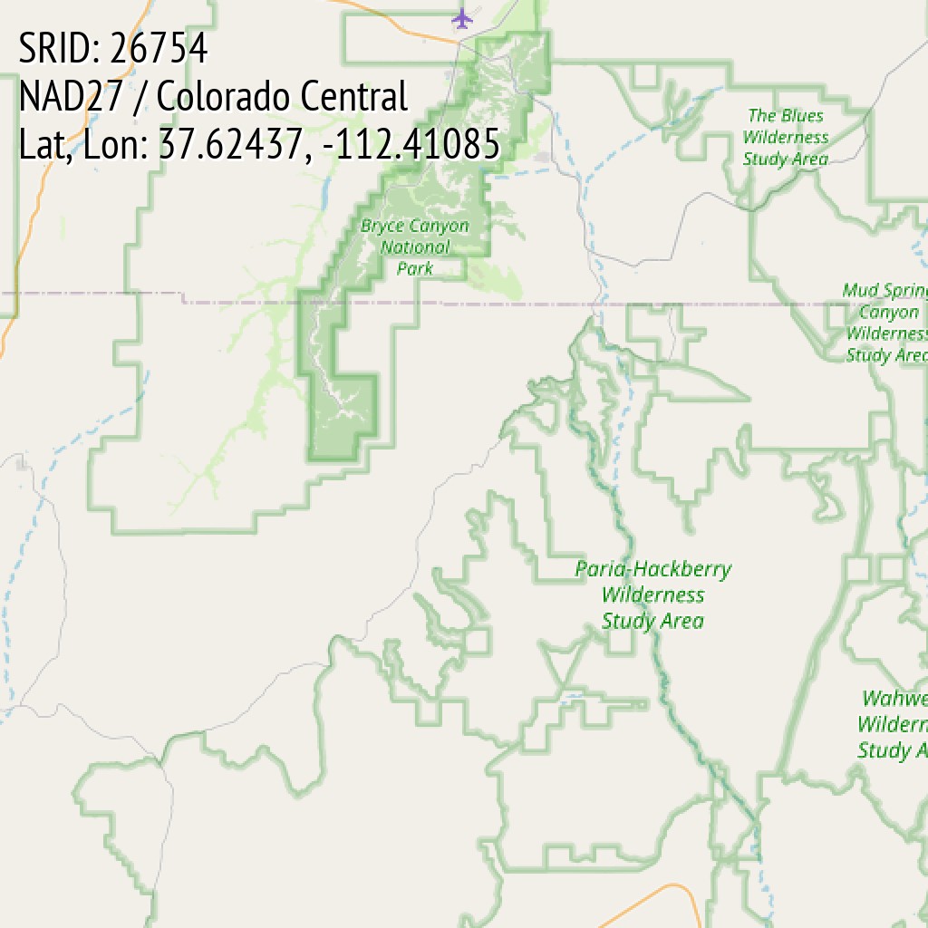 NAD27 / Colorado Central (SRID: 26754, Lat, Lon: 37.62437, -112.41085)