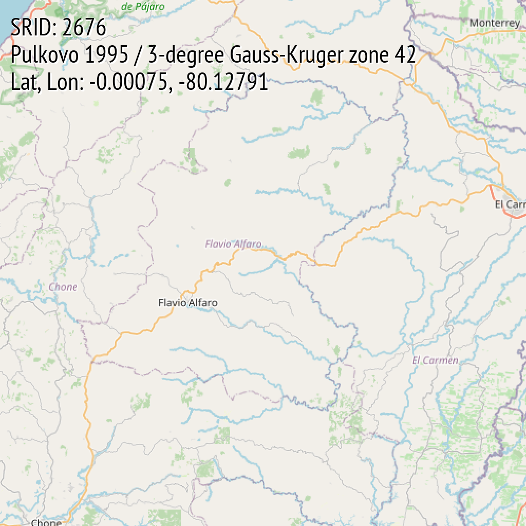 Pulkovo 1995 / 3-degree Gauss-Kruger zone 42 (SRID: 2676, Lat, Lon: -0.00075, -80.12791)