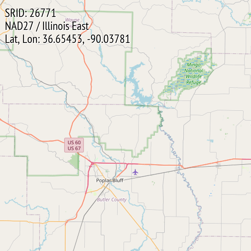NAD27 / Illinois East (SRID: 26771, Lat, Lon: 36.65453, -90.03781)