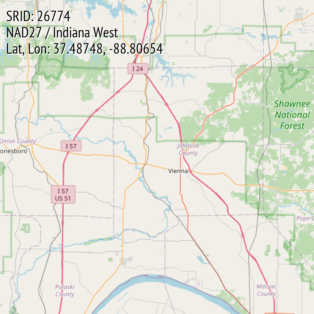 NAD27 / Indiana West (SRID: 26774, Lat, Lon: 37.48748, -88.80654)