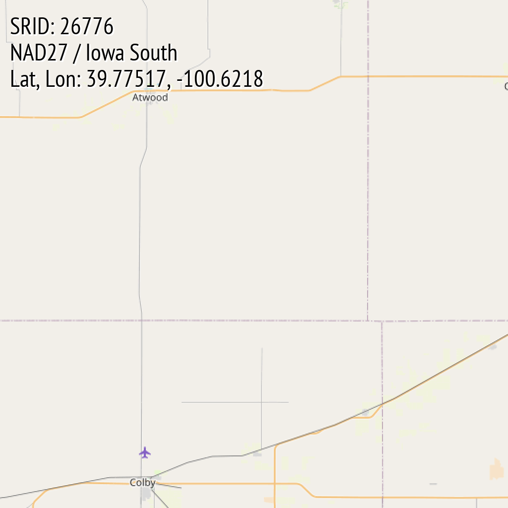 NAD27 / Iowa South (SRID: 26776, Lat, Lon: 39.77517, -100.6218)
