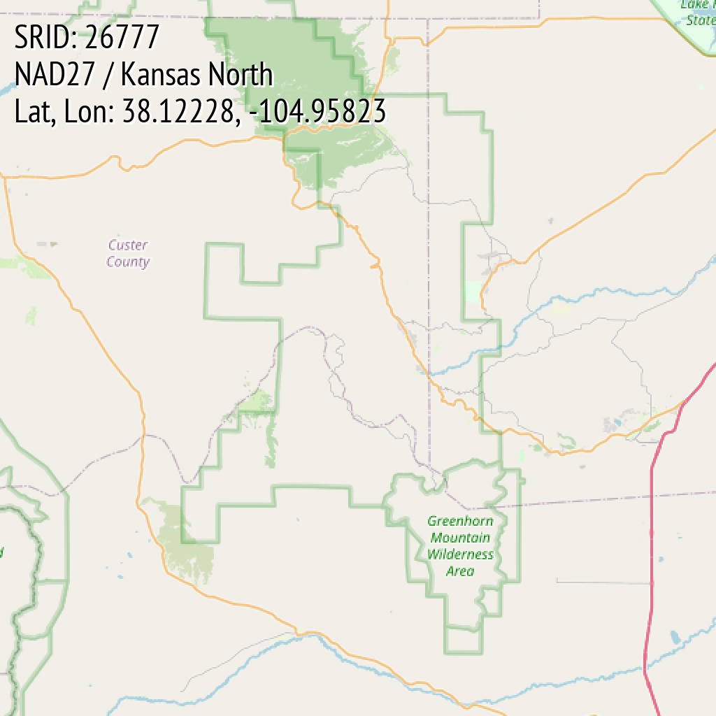NAD27 / Kansas North (SRID: 26777, Lat, Lon: 38.12228, -104.95823)