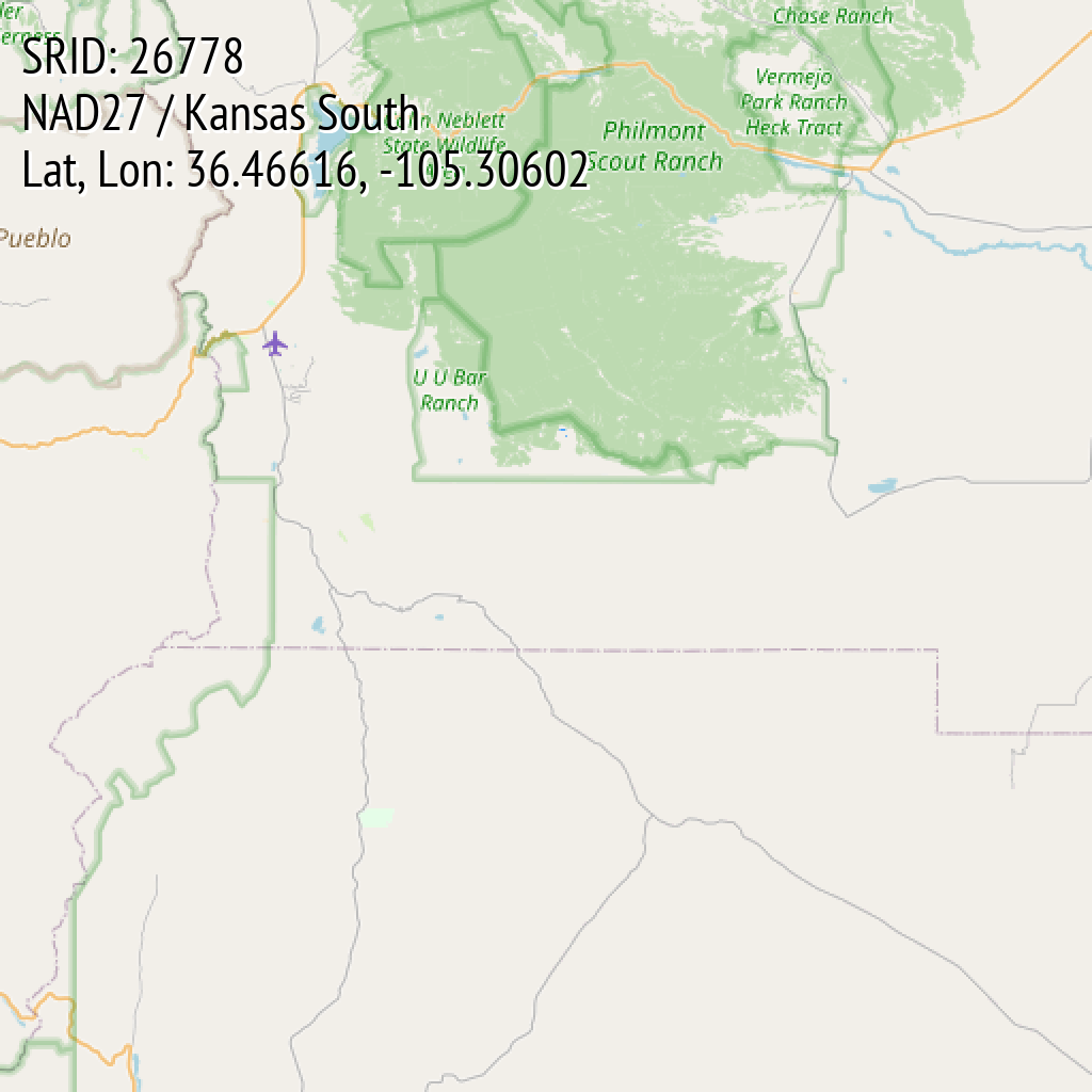 NAD27 / Kansas South (SRID: 26778, Lat, Lon: 36.46616, -105.30602)