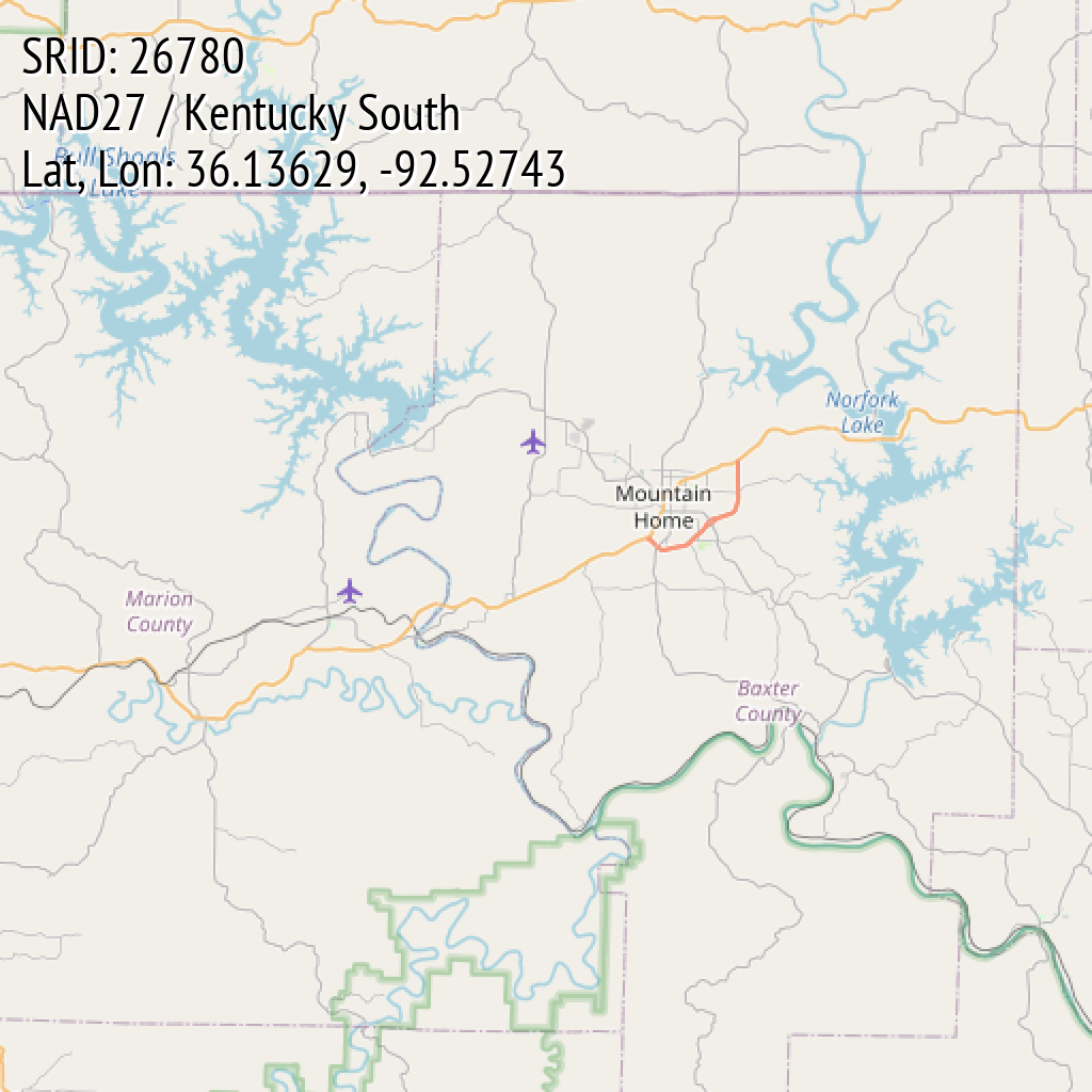 NAD27 / Kentucky South (SRID: 26780, Lat, Lon: 36.13629, -92.52743)