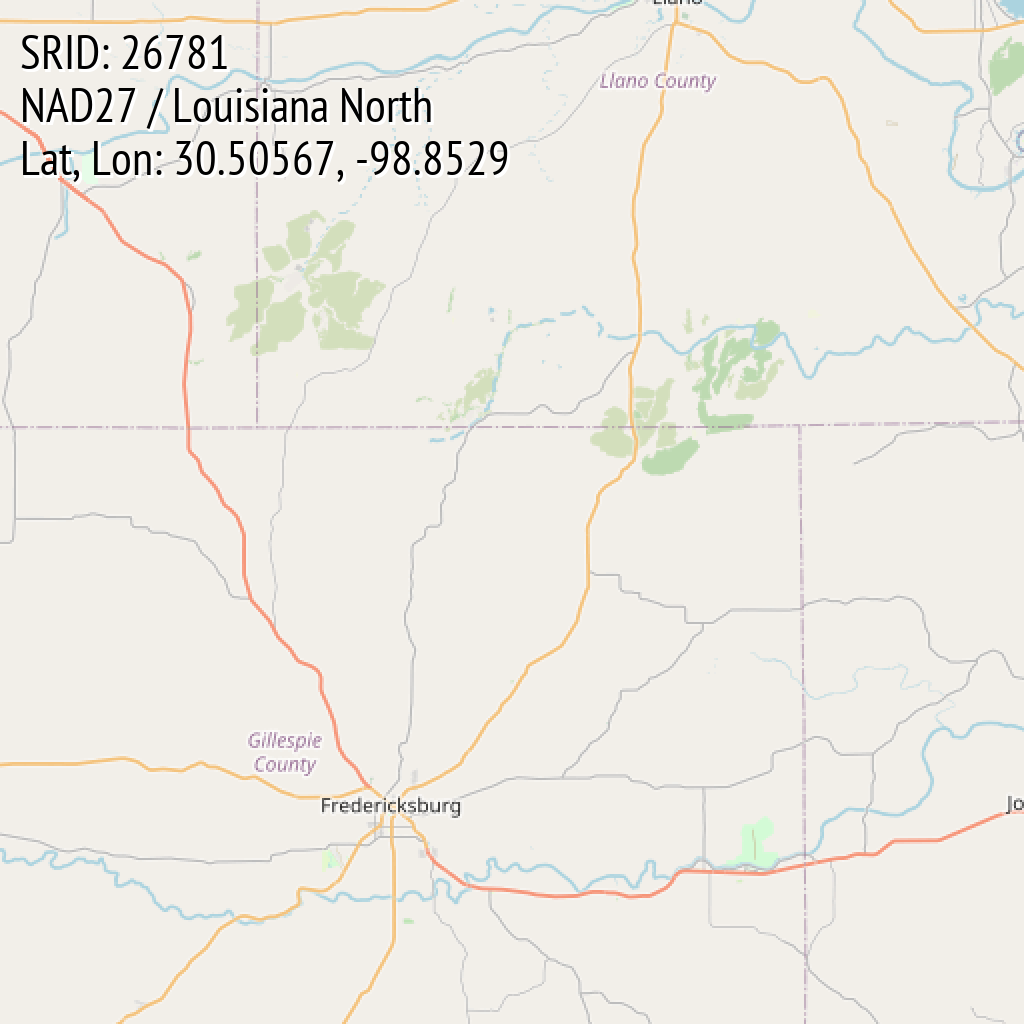 NAD27 / Louisiana North (SRID: 26781, Lat, Lon: 30.50567, -98.8529)