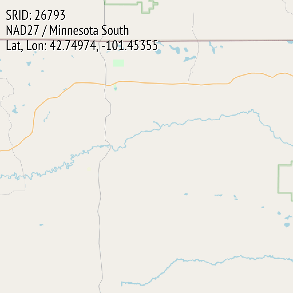 NAD27 / Minnesota South (SRID: 26793, Lat, Lon: 42.74974, -101.45355)