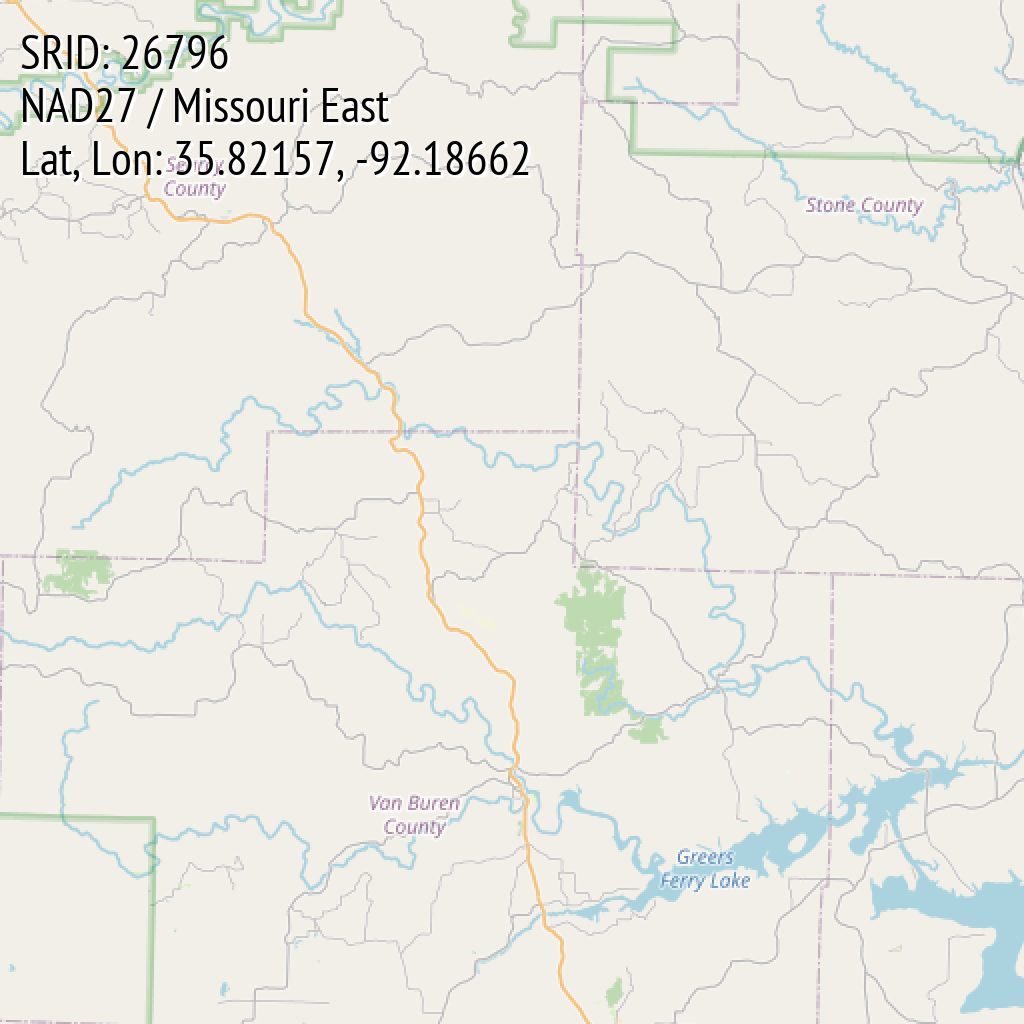 NAD27 / Missouri East (SRID: 26796, Lat, Lon: 35.82157, -92.18662)