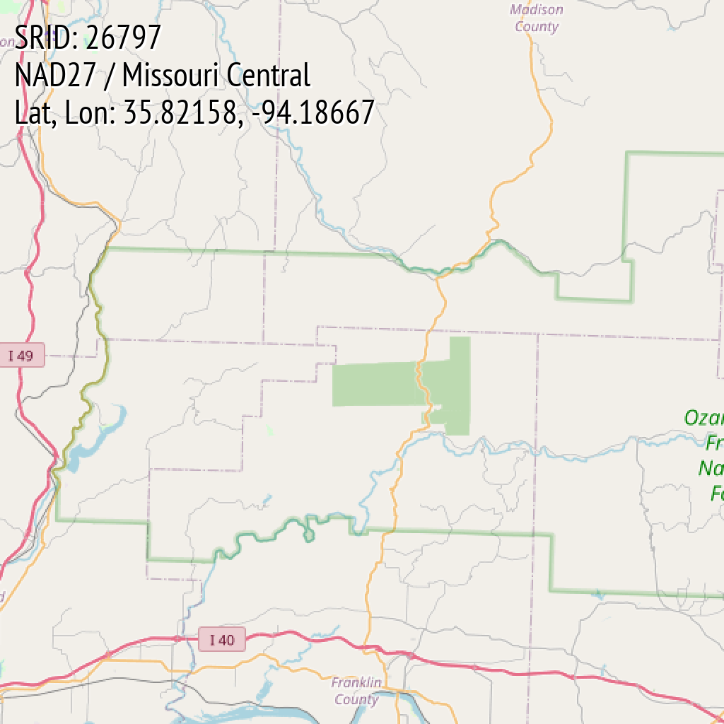 NAD27 / Missouri Central (SRID: 26797, Lat, Lon: 35.82158, -94.18667)