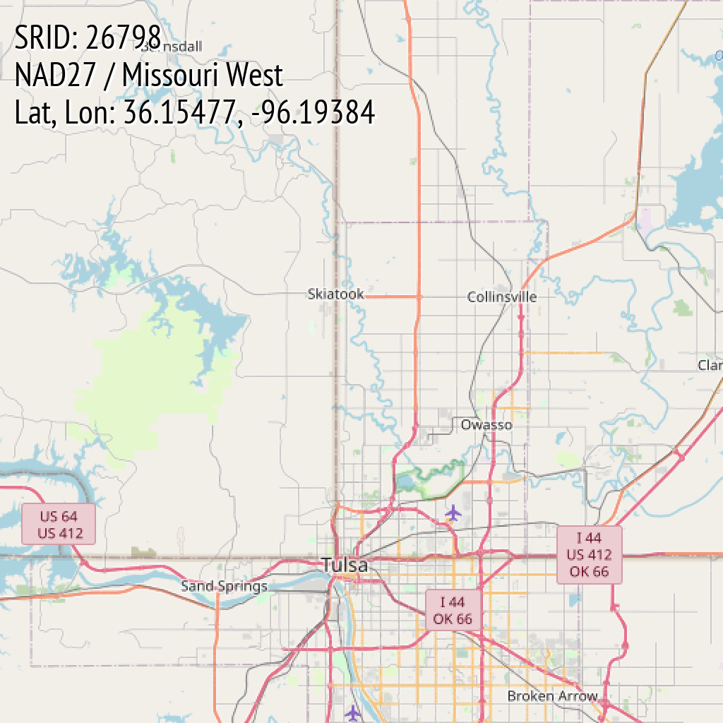 NAD27 / Missouri West (SRID: 26798, Lat, Lon: 36.15477, -96.19384)