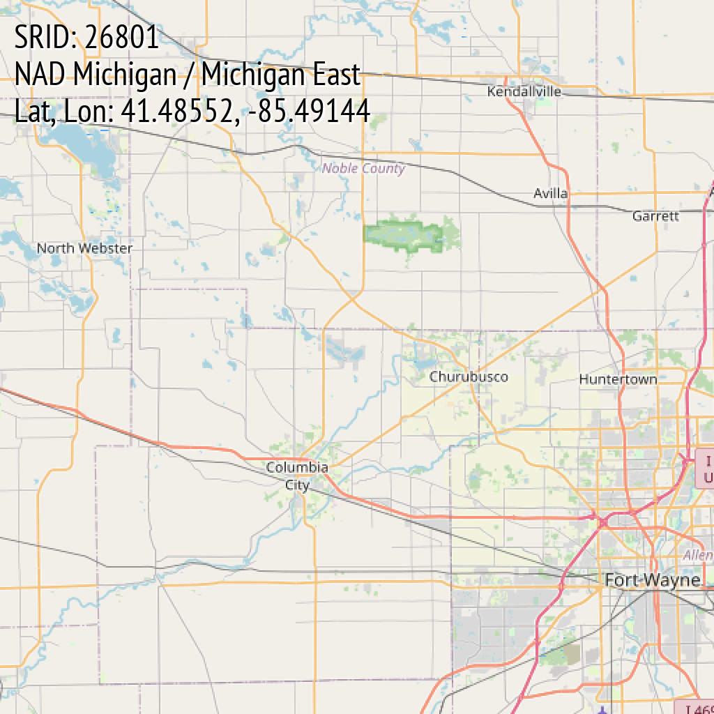 NAD Michigan / Michigan East (SRID: 26801, Lat, Lon: 41.48552, -85.49144)