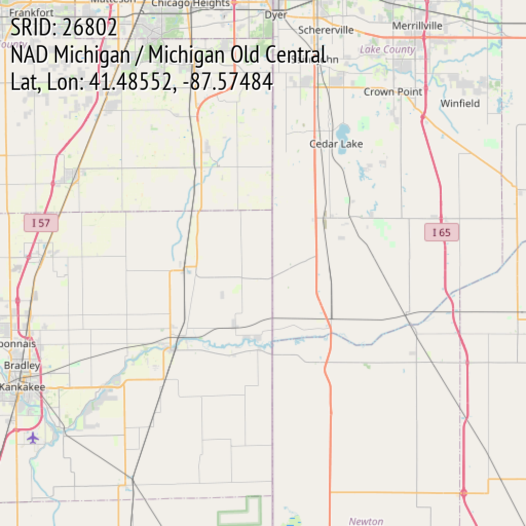 NAD Michigan / Michigan Old Central (SRID: 26802, Lat, Lon: 41.48552, -87.57484)