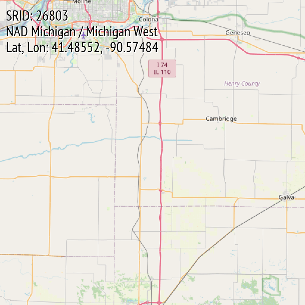 NAD Michigan / Michigan West (SRID: 26803, Lat, Lon: 41.48552, -90.57484)
