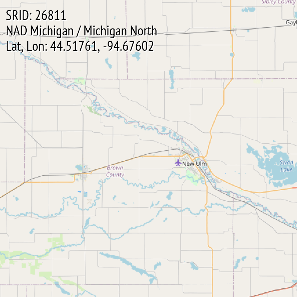 NAD Michigan / Michigan North (SRID: 26811, Lat, Lon: 44.51761, -94.67602)
