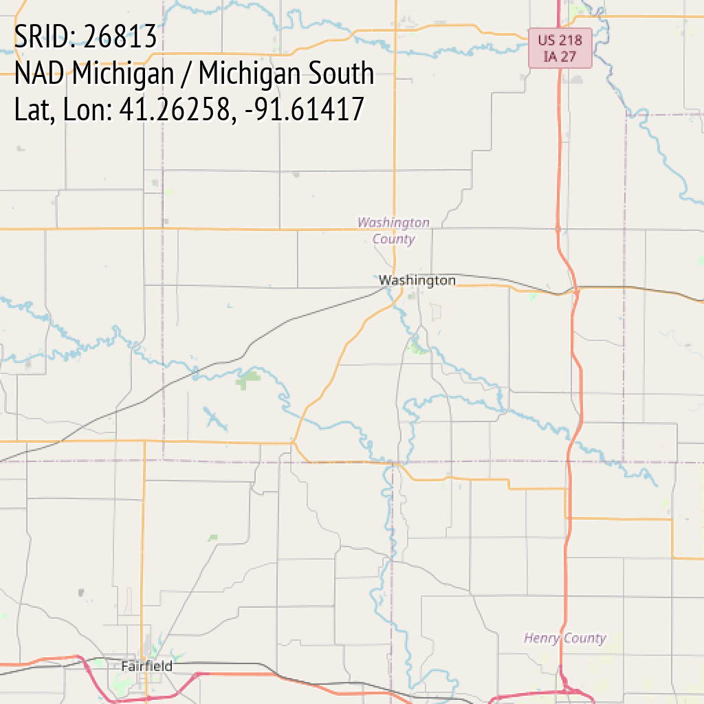 NAD Michigan / Michigan South (SRID: 26813, Lat, Lon: 41.26258, -91.61417)