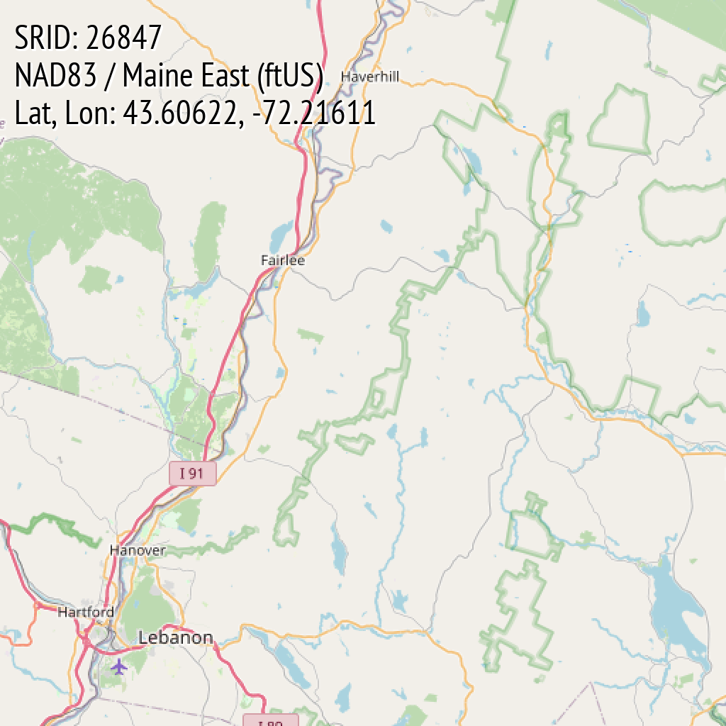 NAD83 / Maine East (ftUS) (SRID: 26847, Lat, Lon: 43.60622, -72.21611)