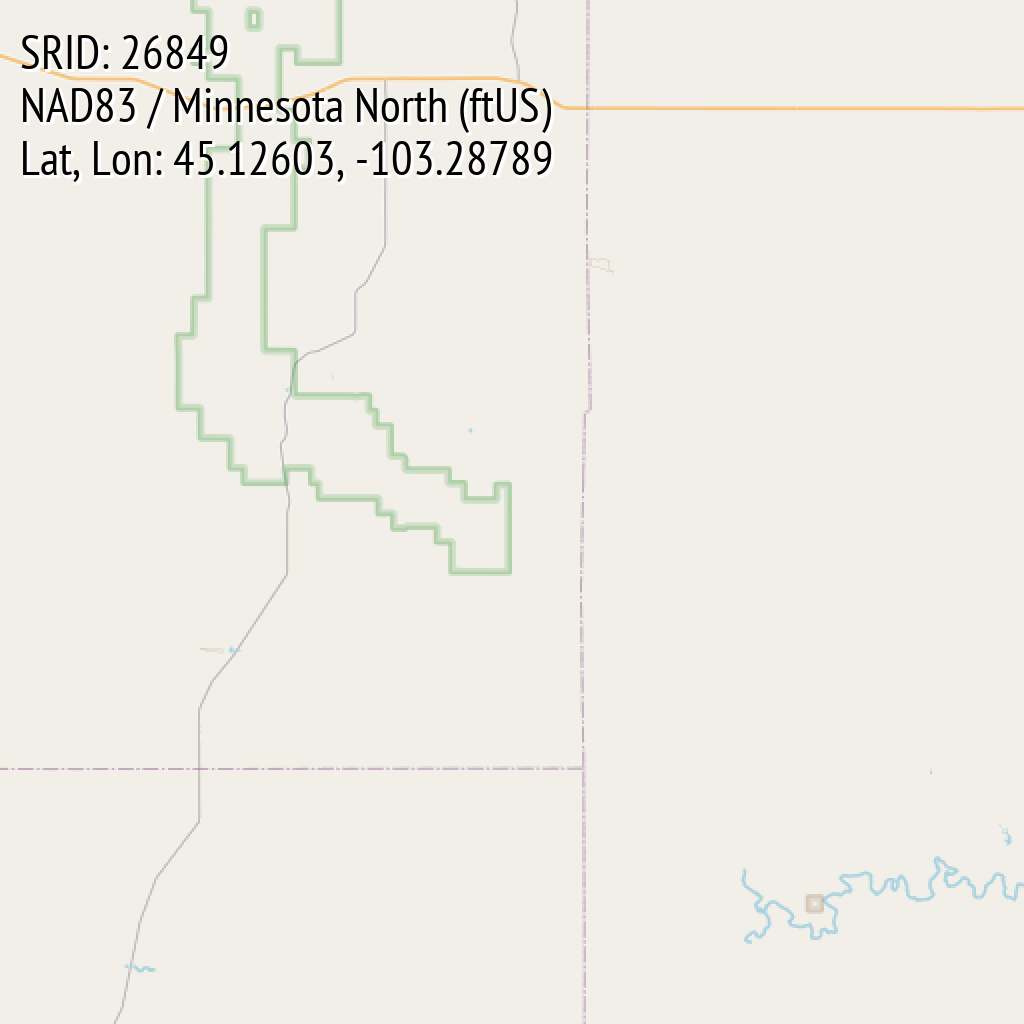 NAD83 / Minnesota North (ftUS) (SRID: 26849, Lat, Lon: 45.12603, -103.28789)