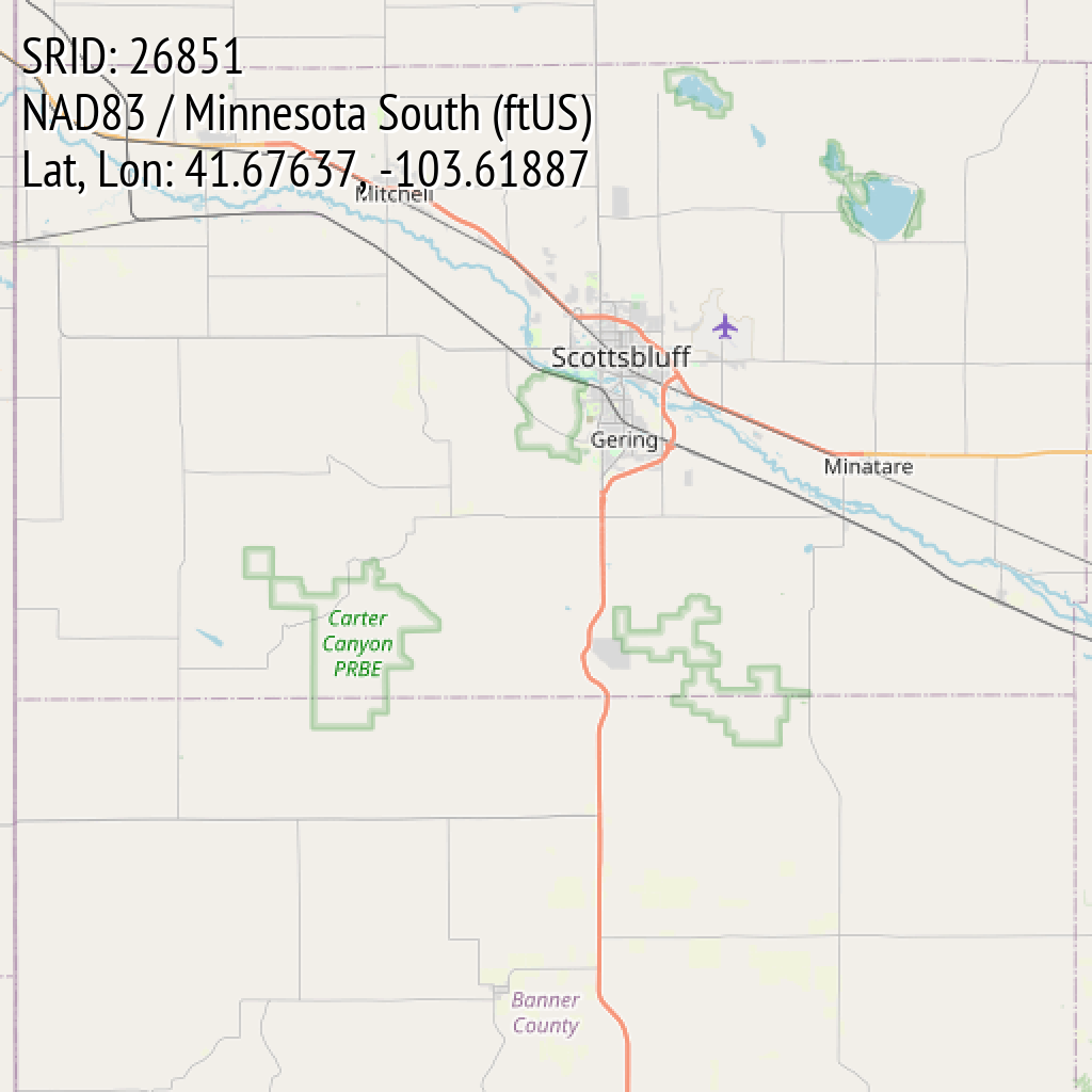NAD83 / Minnesota South (ftUS) (SRID: 26851, Lat, Lon: 41.67637, -103.61887)