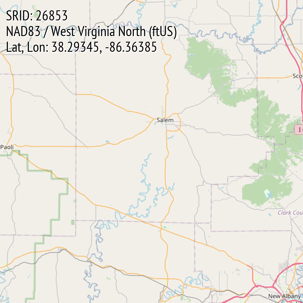NAD83 / West Virginia North (ftUS) (SRID: 26853, Lat, Lon: 38.29345, -86.36385)