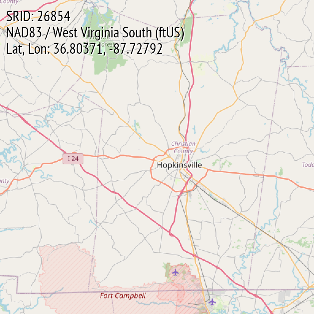 NAD83 / West Virginia South (ftUS) (SRID: 26854, Lat, Lon: 36.80371, -87.72792)