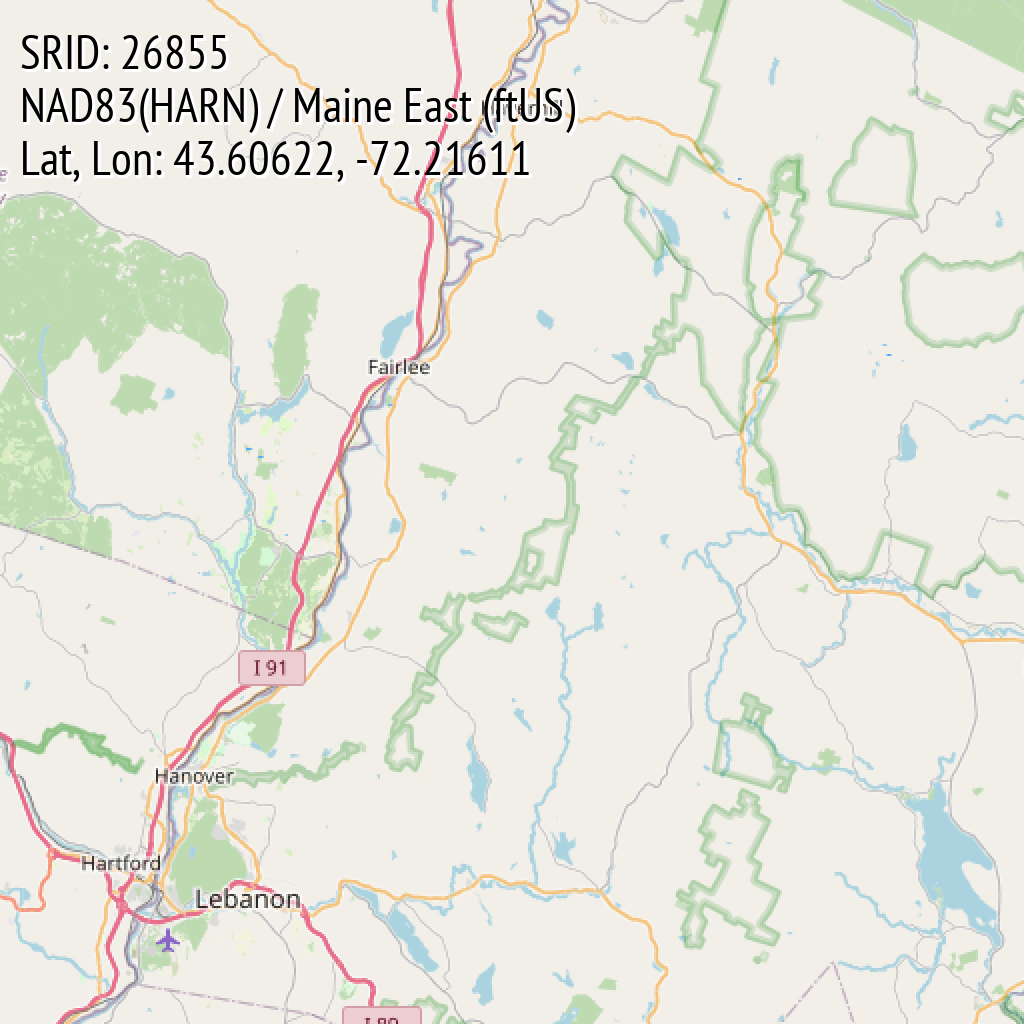 NAD83(HARN) / Maine East (ftUS) (SRID: 26855, Lat, Lon: 43.60622, -72.21611)