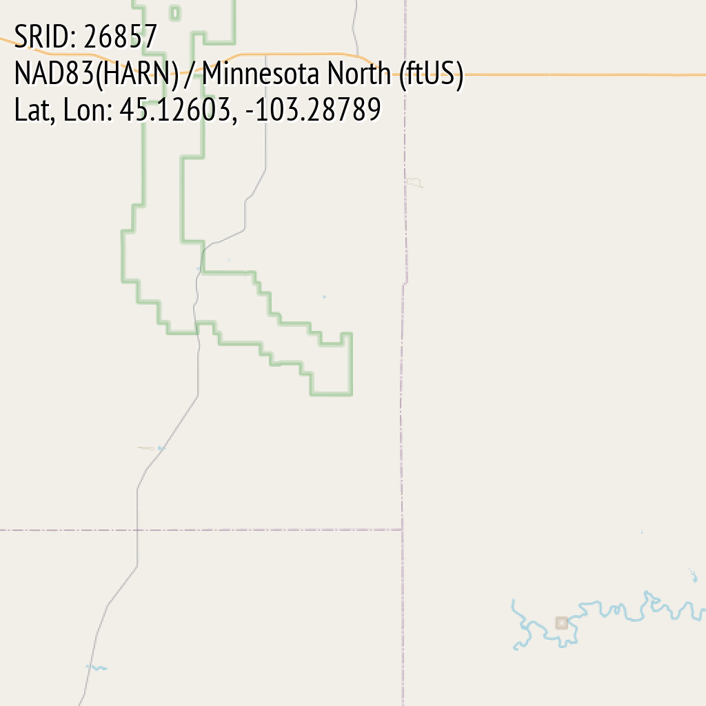 NAD83(HARN) / Minnesota North (ftUS) (SRID: 26857, Lat, Lon: 45.12603, -103.28789)