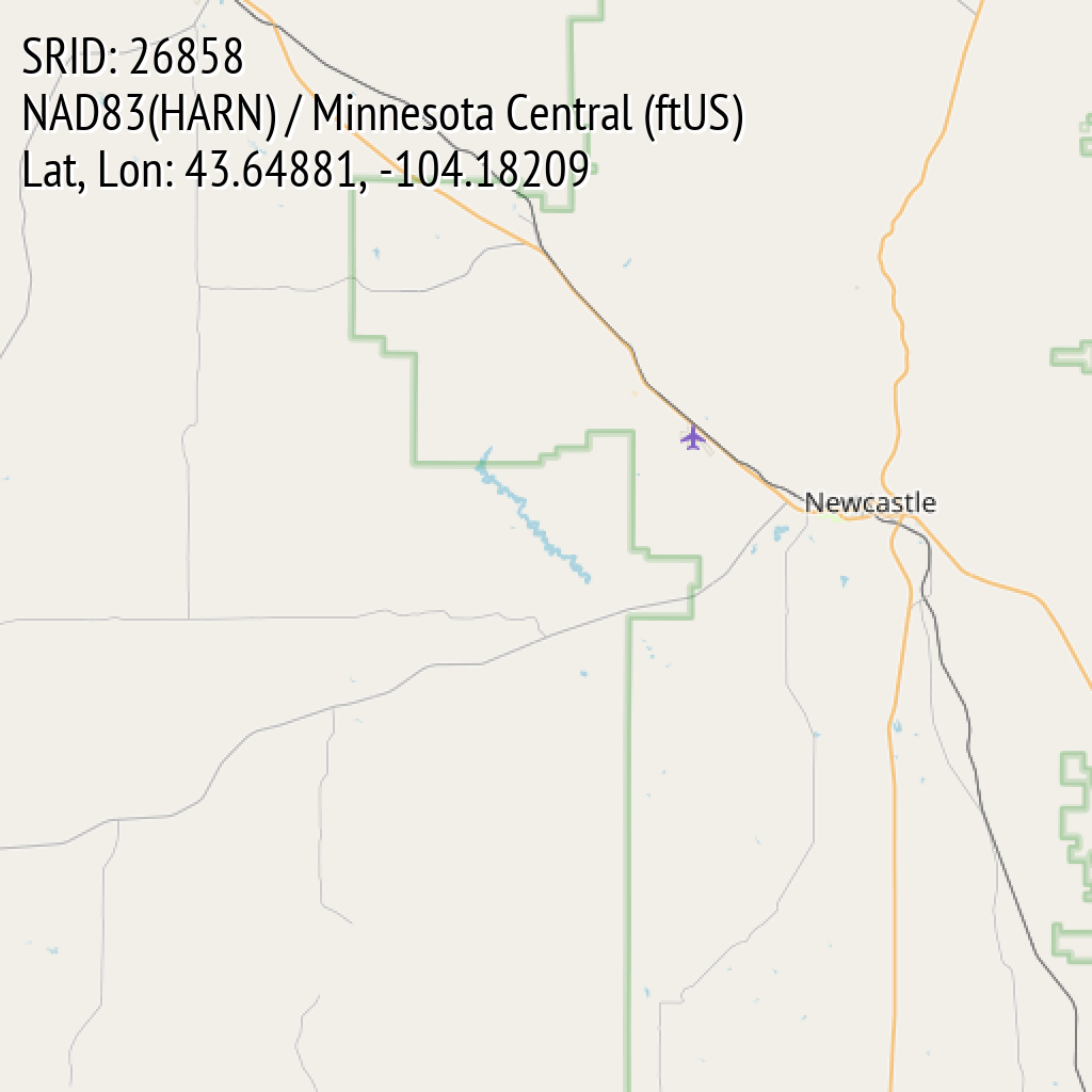 NAD83(HARN) / Minnesota Central (ftUS) (SRID: 26858, Lat, Lon: 43.64881, -104.18209)