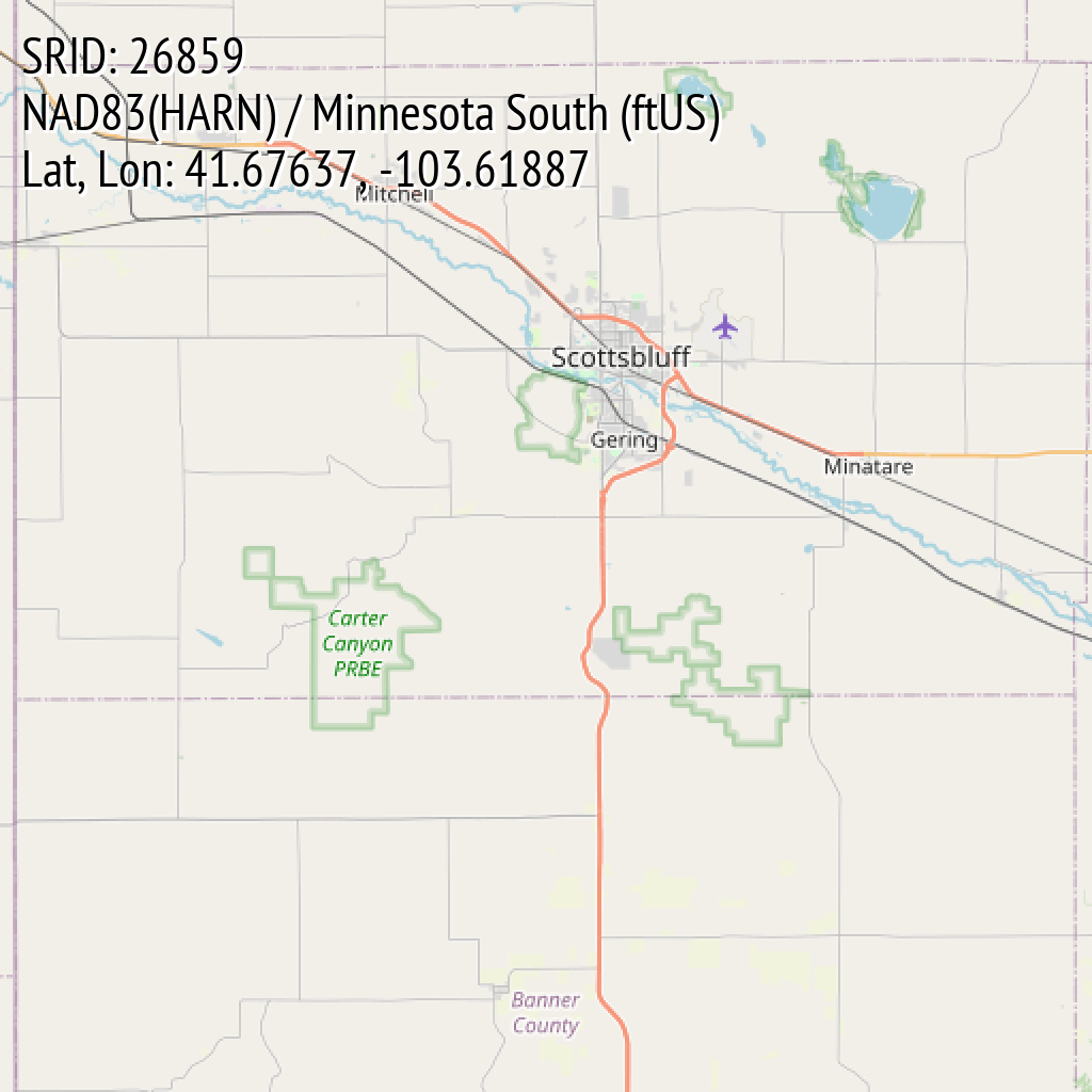 NAD83(HARN) / Minnesota South (ftUS) (SRID: 26859, Lat, Lon: 41.67637, -103.61887)
